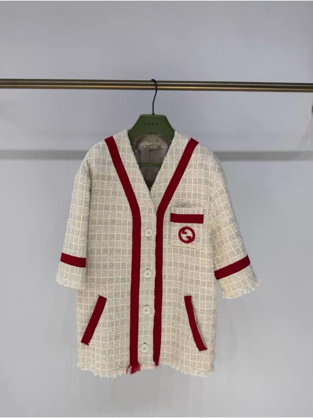 Gucci Cream Tweed Jacket with Red Trim